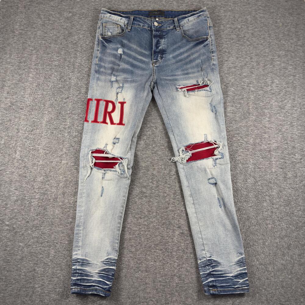 Amiri Jeans Mens 34x31 Light Wash Skinny Red Embroidered Distressed Made USA